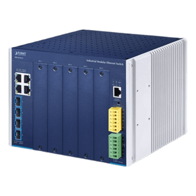 Switch Modular Industrial Capa 3 / 5 Slots / 4 Puertos Gigabit RJ45 / 4 Puertos SFP+ 10G / Rango -40~75°C / Entrada 12-48V / IPv6/IPv4 IMS-6325-5 PLANET