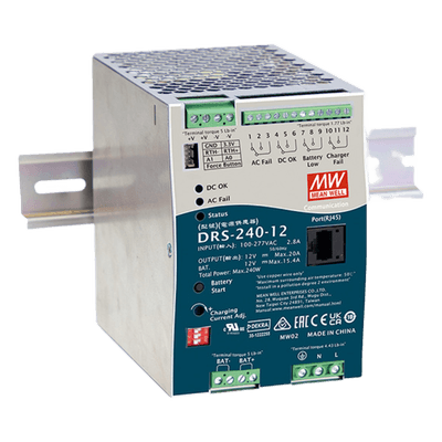 Fuente de Poder Industrial / 240W / Salida 12Vcc 20A / Cargador de Baterías / Enfriamiento por Convección / Riel DIN DRS24012 MEANWELL
