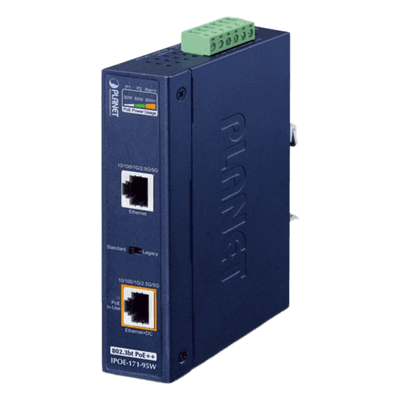 Inyector PoE++ Industrial / 95W / 2 Puertos RJ45 / Multi-Gigabit 5Gbps / -40 a 75°C / IP30 / Riel DIN o Pared IPOE-171-95W PLANET