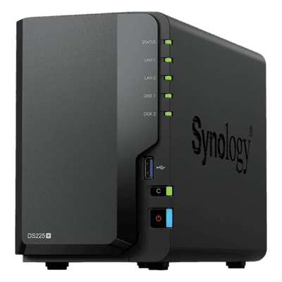 NAS de 2 Bahías / Rendimiento 282/217 MB/s / Conectividad 2.5GbE y 1GbE / CPU Intel Celeron J4125 / RAM Expandible a 6 GB / Hasta 40 TB / USB 3.2 Gen 1 DS225+ SYNOLOGY