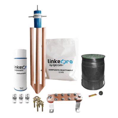 Kit Puesta a Tierra 200A / Electrodo Cobre Electrolítico / Diseño Delta / Filtro Equipotencial / Compuesto 12 kg / Barra Unión + Conectores + Registro LPGROUND200AKIT LINKEDPRO BY EPCOM