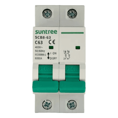 Interruptor Térmico / 2 Polos / 63 A / 400 Vca / 6 kA / Montaje Riel DIN 35 mm / Aplicación Fotovoltaica SCB8-63C63/2P SUNTREE
