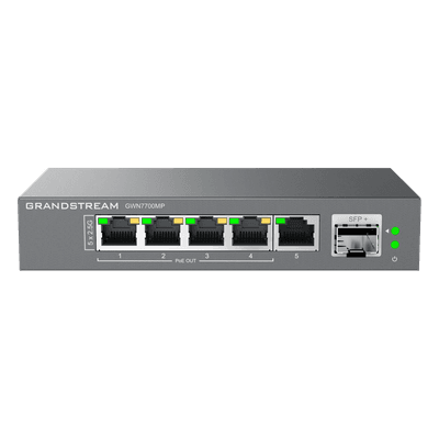 Switch Multi-Gigabit No Administrable / 5 Puertos 2.5 Gbps (4 PoE) / SFP+ 1/10 Gbps / 45 Gbps Switching / Sin Ventilador / Montaje Escritorio o Pared GWN7700MP GRANDSTREAM