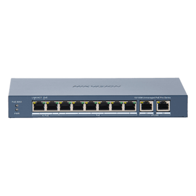 Switch PoE+ / 7 Puertos 10/100 Mbps 30W / 1 Puerto Hi-PoE 90W / 2 Uplink Gigabit / Alcance Extendido 300 m (984 pies) / 110 W Total DS-3E0310HP-E(C) HIKVISION