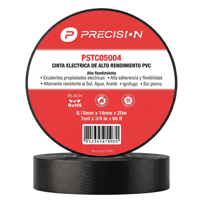 Cinta Aislante Eléctrica / PVC Alto Rendimiento / 600 V / 19 mm (0.75 in) / 20 m (65.6 ft) / Ignífuga / Negro PST-C050-04 PRECISION