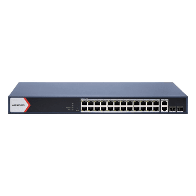 Switch PoE+ Administrable / 24 Puertos Gigabit PoE+ / 2 Puertos Gigabit Uplink / 2 Puertos SFP Uplink / 370 W / Alcance Extendido 300 m (984.3 ft) DS-3E1528P-EI HIKVISION