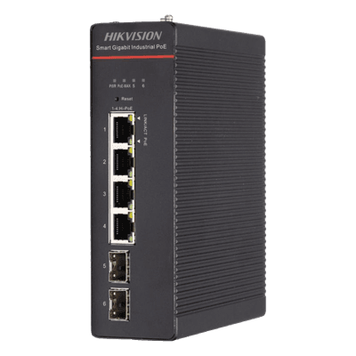 Switch Industrial Administrable / 4 Puertos Gigabit HiPoE 90 W / 2 Puertos SFP / Presupuesto PoE 300 W / Alcance Extendido 300 m (984.3 ft) DS-3T1506HP-SI-4P2F HIKVISION