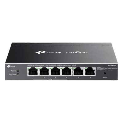 Switch Gigabit / 6 Puertos / 4 PoE+ 65W / Gestión Cloud SDN / Fanless / Alcance PoE 250 m (820.2 ft) / QoS y VLAN ES206GP TP-LINK