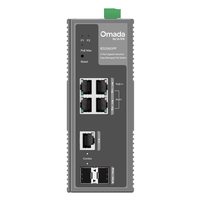 Switch Industrial Easy Managed / 6 Puertos Gigabit / 4 PoE (1× PoE++ 60W + 3× PoE+ 30W) / 120W PoE Budget / 2 SFP / IP40 / -40°C a 75°C / 6kV Protección Rayos / DIN-Rail