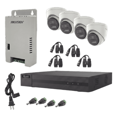 Kit de Videovigilancia TurboHD / DVR 4 Canales + 1 IP / 4 Cámaras Eyeball 2 MP / ColorVu / Dual Light 40 m (131.2 ft) / Audio Bidireccional / IP67 HL-2080P-4E-TWA HiLook by HIKVISION