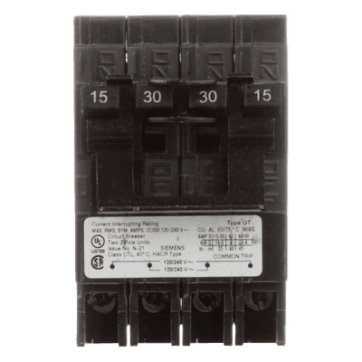 Interruptor Automático Cuádruple Enchufable / 2 Polos Dobles / 30-30 A / 120/240 VCA / 10 kA de Capacidad Interruptiva Q23030CT2 SIEMENS
