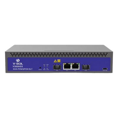 OLT Compacta / 1 Puerto Combo GPON/XG(S)-PON / 3 Uplink / 128 ONU/ONT / Alcance 20 km (65,616 ft) / 10 Gbps Simétricos / Rack 1U V3600GS V-SOL