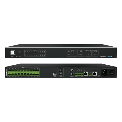 Matriz de Audio Digital / 20 Puertos Analógicos Configurables / DSP 32-bit 96kHz / AEC / Amplificador 2x60W + 1x120W / Dante 4x4 / HDMI 4K60 / USB Plug & Play / Rack 1U AFM-20DSP-AEC KRAMER