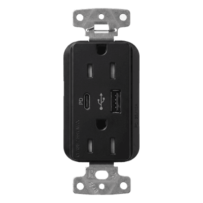 Receptáculo con USB / 15 A 125 V~ / Power Delivery 55 W / USB-A y USB-C / Tamper Resistant / Acabado Satinado Midnight