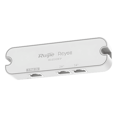 Switch No Administrable PoE-In / 2 Puertos PoE+ 10/100 Mbps / 1 Puerto PoE-In 10/100 Mbps / Presupuesto PoE 30 W / Switching 0.6 Gbps / Protección 4 kV / Sin Ventilador RG-ES103F-P RUIJIE