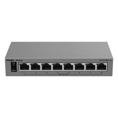 Switch Gigabit Smart Cloud-Managed / 8 Puertos 10/100/1000BASE-T / Capa 2 / Switching 16 Gbps / AI-Powered Failover / Modo CCTV Un-Click / Gestión Cloud / Fanless / Protección Surge 6 kV RG-ES208GC-V2 RUIJIE
