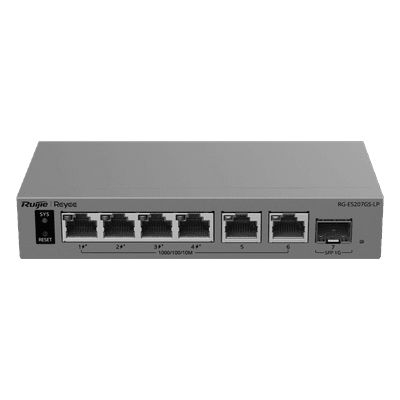 Switch Layer 2 Smart Cloud Managed / 7 Puertos Gigabit / 4 Puertos PoE+ 54 W / 1 Puerto SFP Uplink / 14 Gbps Switching Capacity / Diseño Sin Ventilador / Protección 6 kV / Ruijie Cloud / CCTV Mode RG-ES207GS-P RUIJIE