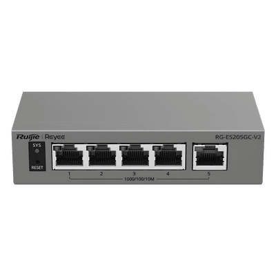 Switch Capa 2 Gestionado en la Nube / 5 Puertos Gigabit / Switching 10 Gbps / Forwarding 7.44 Mpps / Diseño sin Ventilador / Protección 6 kV / Modo CCTV de un Clic / 32 VLANs / Gabinete Metálico / Ruijie Cloud RG-ES205GC-V2 RUIJIE
