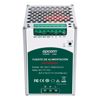 Fuente de Alimentación Industrial DIN Riel / 480 W / Salida 48 VCC 10 A / Eficiencia ≥93% / Carga de Batería / -20°C a 70°C