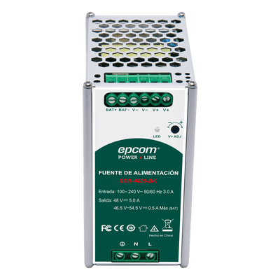 Fuente de Alimentación Industrial / Riel DIN / 48 VCC / 5 A / 240 W / Eficiencia ≥ 90% / -20 a 70 °C / Cargador de Batería Integrado