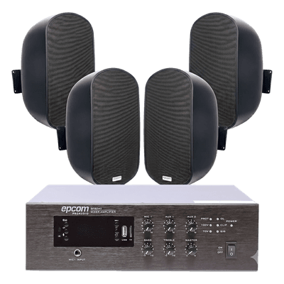 Kit de Amplificador de Escritorio / 240W RMS / Salida 70/100V / 4 Altavoces de Pared 5" / Taps 3W a 50W / Bluetooth y MP3 Integrados