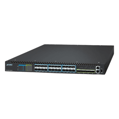 Switch Gestionado Capa 3 / Puertos 100G QSFP28 / 25G SFP28 / 10G SFP+ / Conmutación Non-Blocking 1520 Gbps / Apilado 10 Unidades / ERPS G.8032 / Fuente Redundante Hot-Swap XGS-6350-16X8Y4C PLANET