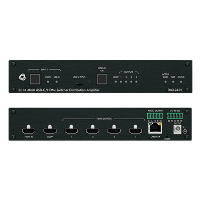 Distribuidor y Switcher 2x1:4 | 4K@60Hz 4:4:4 | HDMI 2.0b | HDCP 2.3 | 18Gbps | EDID Inteligente | Escalado Automático | Audio Analógico | RS-232 | Alimentación 20 VDC | Montaje en Rack 1U | 21.46 cm x 16.30 cm x 4.36 cm (8.45 in x 6. DA3-24-H KRAMER