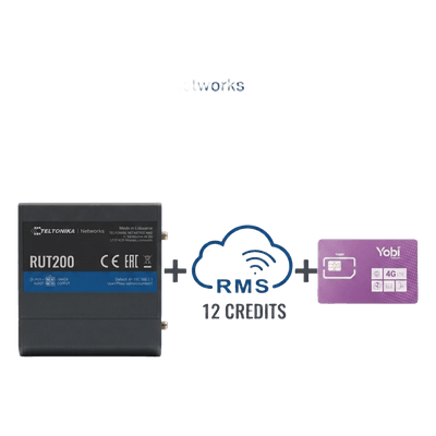 Router Industrial 4G LTE / Cat 4 150 Mbps / Wi-Fi 2.4 GHz / Operación -40°C a 75°C / Gestión RMS / Kit IoT con Datos Anuales RUT200+1YRMS+1GBYOBI TELTONIKA