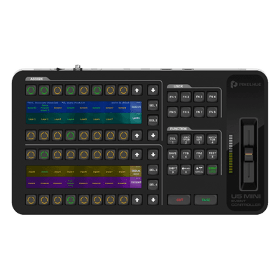 Controlador de Eventos Compacto / Pantalla Táctil 21.5" / Pantalla Inteligente 8" / 87 Botones LCD Programables / 4 Encoders y 8 Faders / HDMI 2.0 / 12G-SDI / Control MIDI y KVM U5MINI PIXELHUE