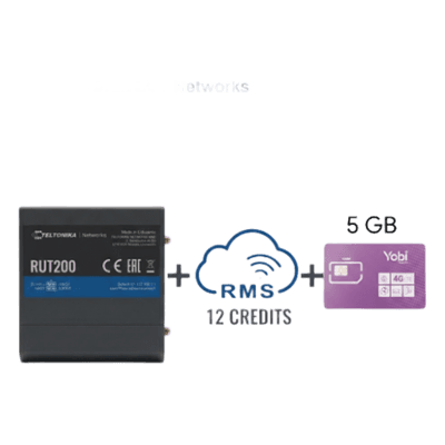 Router Industrial 4G LTE / Cat 4 150 Mbps / Wi-Fi 2.4 GHz / -40°C a 75°C / Gestión RMS / Kit con SIM 5GB/Mes Año RUT200+1YRMS+5GBYOBI TELTONIKA