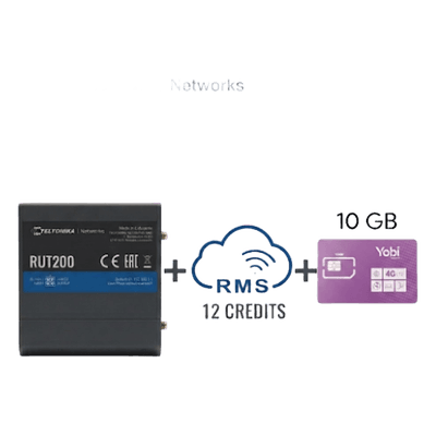 Router Teltonika LTE/4G RUT200 + 12 creditos RMS + SIM de YOBI de 10GB por Mes durante un año de servicio (solo datos) RUT200+1YRMS+10GBYOBI TELTONIKA