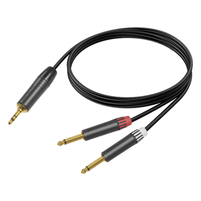 Cable de Audio Profesional / Plug 3.5 mm Estéreo a 2 Plugs 6.35 mm (1/4 in) Mono / Longitud 5 m (16.4 ft) / Conectores Chapados en Oro / Carcasa Negra CMC02020AS-TP-2PM-5 COSMICONN