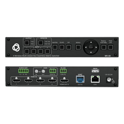 Matrix HDMI 4x2 con Escalado Integrado | Multi-Ventana | 4K@60Hz 4:4:4 | HDBT y HDMI | HDCP 2.3 | Conmutación Sin Corte | PiP-PoP | Control Web MV-4X KRAMER