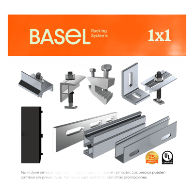 Sistema de Montaje Solar / Techo Plano / 1 Módulo / Resistencia Viento 140 km/h / Inclinación 15° / Área 4 m² (43.1 ft²) KITBASEL1X1 BASEL