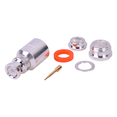 Conector Coaxial BNC Macho / Ensamble por Rosca / Cuerpo Bronce Plateado / Contacto Oro / Aislante Teflón / Cables RG8/U, LMR-400, CNT-400