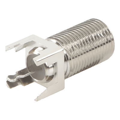 Conector F Hembra / Montaje Vertical PCB / 4 Terminales de Soldadura / Separación 0.32" / Cuerpo Níquel / Contacto Estañado / Dieléctrico Polietileno RFF-1450-03 RF INDUSTRIES,LTD