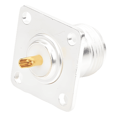 Conector RF N Hembra / Montaje Frontal en Panel / 4 Perforaciones 18 mm / Cuerpo Bronce Plateado / Contacto Oro / Aislante Teflón RFN-1021 RF INDUSTRIES,LTD