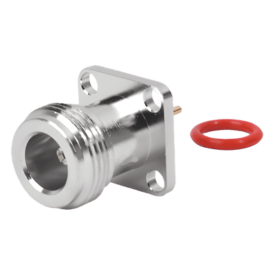 Conector RF N Hembra / Montaje Panel Cuadrado 17.5 mm / 4 Perforaciones 12.7 mm (0.5 in) / Soldable / Contacto Oro / Aislante Teflón