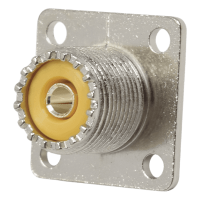 Conector UHF Hembra (SO-239), para Montaje en Chasis con 4 perforaciones a 18 mm, Terminal Soldable, Níquel/ Plata/ Delrin. RFU-521 RF INDUSTRIES,LTD