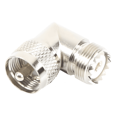 Adaptador RF en Ángulo Recto / UHF Macho PL-259 a UHF Hembra SO-239 / Cuerpo Bronce Niquelado / Aislante Delrin RFU-532 RF INDUSTRIES,LTD