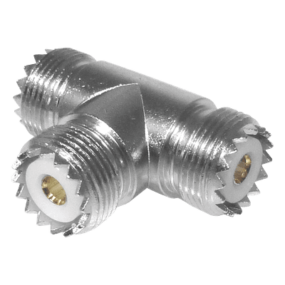Adaptador RF / Triple UHF Hembra / Forma T / SO-239 / Níquel-Plata / Delrin RFU-534 RF INDUSTRIES,LTD