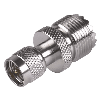 Adaptador Coaxial en Línea / Mini UHF Macho a UHF Hembra (SO-239) / Cuerpo Níquel / Contacto Oro / Aislante Teflón RFU-621 RF INDUSTRIES,LTD