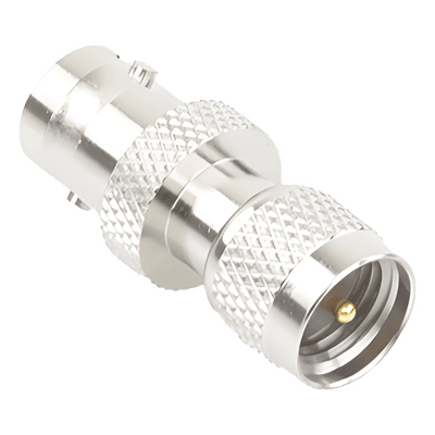 Adaptador de Conector / Mini UHF Macho a BNC Hembra / Montaje en Línea / Cuerpo Bronce Niquelado / Contacto Oro / Aislante Teflón RFU-622 RF INDUSTRIES,LTD