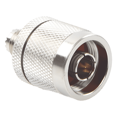 Adaptador Coaxial en Línea / Mini UHF Hembra a N Macho / Cuerpo Bronce Niquelado / Contacto Oro / Aislante Teflón RFU-625 RF INDUSTRIES,LTD