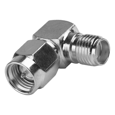 Adaptador RF Coaxial / Ángulo Recto / SMA Macho a SMA Hembra / Cuerpo Bronce Niquelado / Contacto Oro / Aislante Teflón