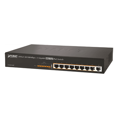 Switch no adminsitrable PoE de 8 Puertos PoE 100BaseTX + 1 Puerto 100/1000Base-T con 150W de Potencia Total FGSD-910P PLANET