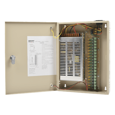 Fuente de alimentación para 12 Vcc, 20 A, 18 salidas; Voltaje de entrada : 100-240 Vca, con capacidad de respaldo, requiere batería PL-12-DC-20A EPCOM POWERLINE