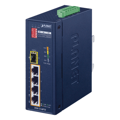 Switch Industrial PoE / 4 Puertos 10/100 Mbps / 1 Puerto 100Base-FX / Rango -40 a 75°C (-40 a 167°F) / IP30 / Conmutación 1 Gbps