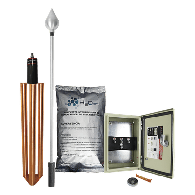 Kit de Protección Contra Rayos / 160 m (524.9 ft) de Diámetro de Protección / Punta de Acero Inoxidable / Mástil 1.2 m (3.9 ft) / Electrodo 100 kA / Mejorador de Suelo 11 kg KDA-01 TOTAL GROUND