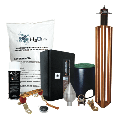 Kit de Protección contra Sobretensiones / Pararrayos Aluminio / Supresor 60 kA Clase B / Electrodo Cobre / Compuesto Terreno 11 kg KIT-MASTER-PCD-ENLACES TOTAL GROUND